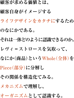 顧客が求める価値とは、顧客自身がイメージする
ライフデザインをカタチにするためのなにかである。
それは一体どのように認識できるのか。レヴィ＝ストロースを気取って、
なにか（商品）というWhole（全体）をPiece（部分）に分解しその関係を構造化てみる。
メカニズムで理解し、オーガニズムとして認識する。