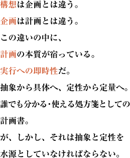 構想は企画とは違う。企画は計画とは違う。
この違いの中に、計画の本質が宿っている。
実行への即時性だ。抽象から具体へ、定性から定量へ。
誰でも分かる・使える処方箋としての計画書。
が、しかし、それは抽象と定性を水源としていなければならない。