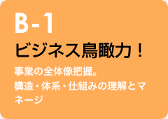 B-1 ビジネス鳥瞰力！：事業の全体像把握。
構造・体系・仕組みの理解とマネージ