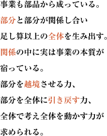 事業も部品から成っている。
部分と部分が関係し合い足し算以上の全体を生み出す。
関係の中に実は事業の本質が宿っている。
部分を越境させる力、部分を全体に引き戻す力、全体で考え全体を動かす力が求められる。