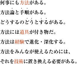 何事にも方法がある。方法論と手順がある。
どうするのどうとするがある。方法には道具が付き物だ。方法は経験で進化・深化する。
方法をみんなが使えるためには、それを技術に置き換える必要がある。