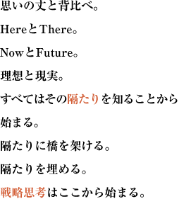 思いの丈と背比べ。HereとThere。NowとFuture。理想と現実。
すべてはその隔たりを知ることから始まる。隔たりに橋を架ける。
隔たりを埋める。戦略思考はここから始まる。